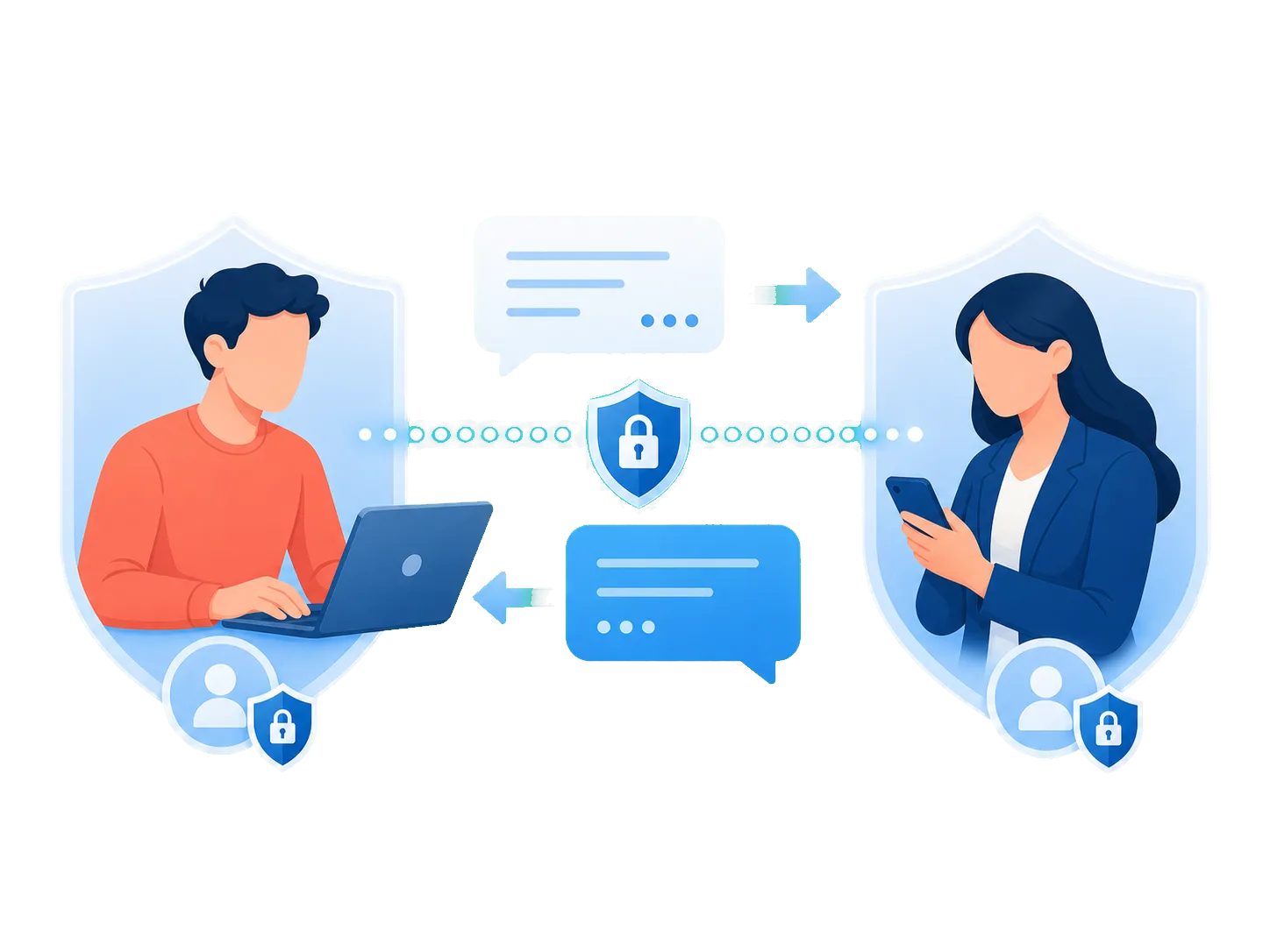 Zwei anonymisierte Personen kommunizieren über einen gesicherten Dialogkanal